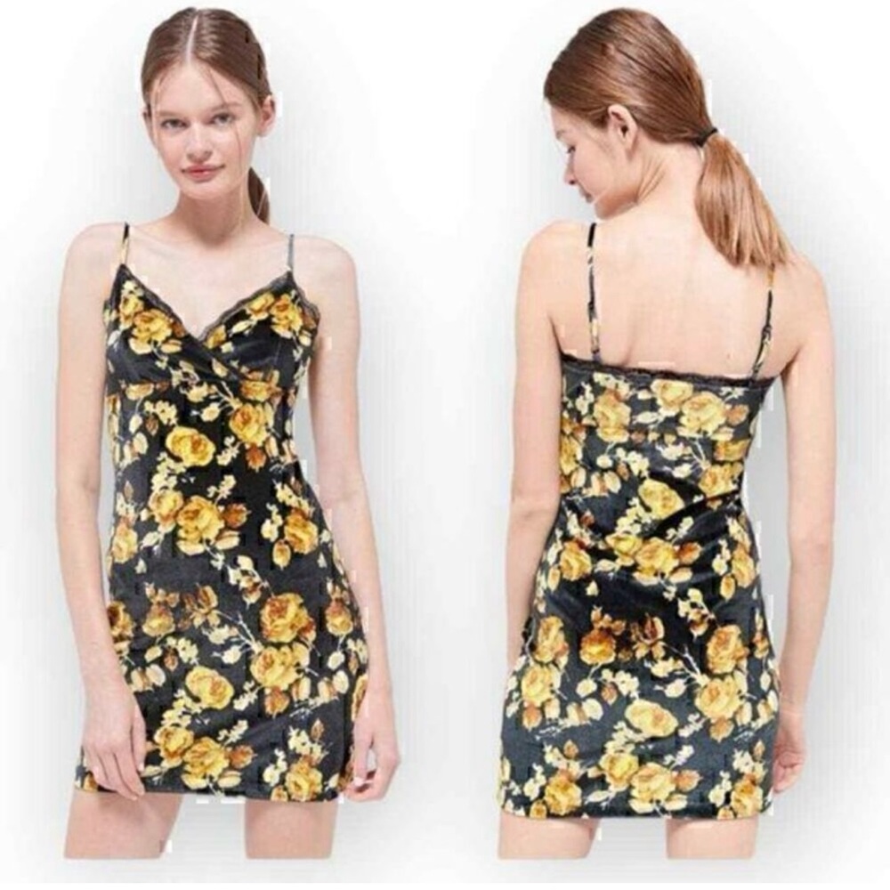 Urban Outfitters Black and Yellow Floral Velvet Mini Dress
